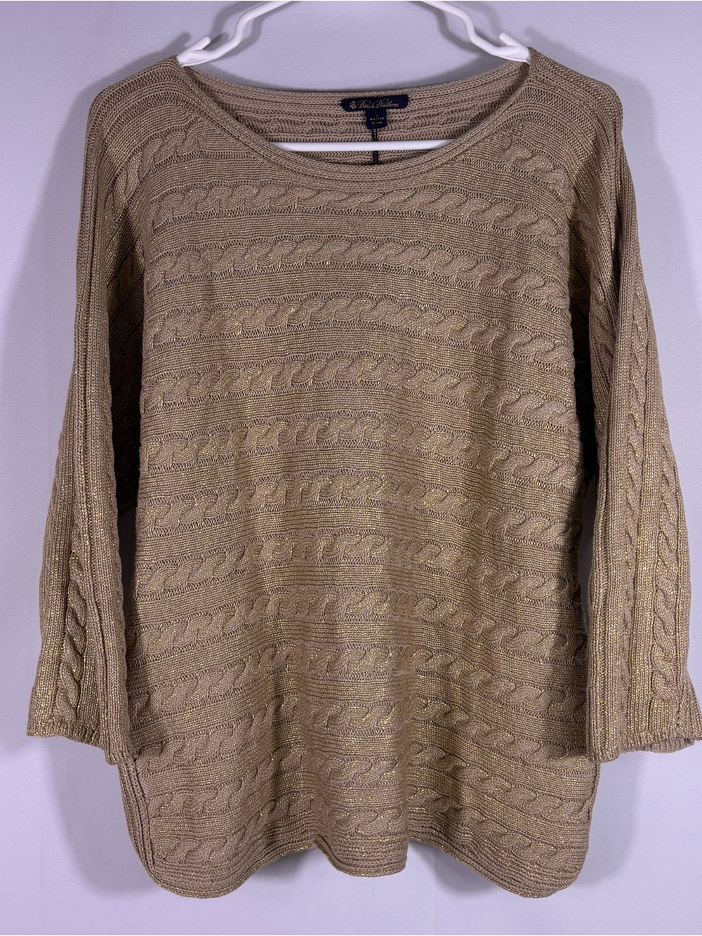 NWT Brooks Brothers Gold Metallic Cable Knit Sweater Cotton Oversized Large